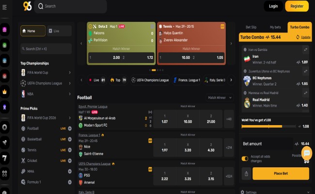 96.com sportsbook lobby screenshot