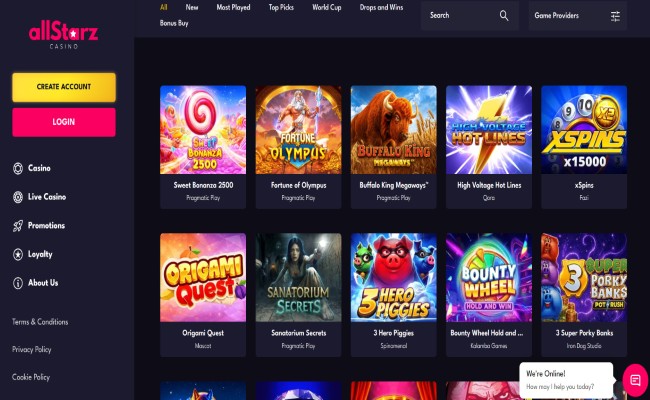 Allstarz Casino games lobby screenshot