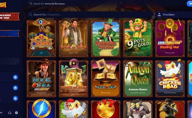 Smash Casino games lobby showing slot titles and provider filtering
