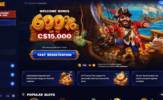 Smash Casino lobby showing the welcome bonus and main casino homepage