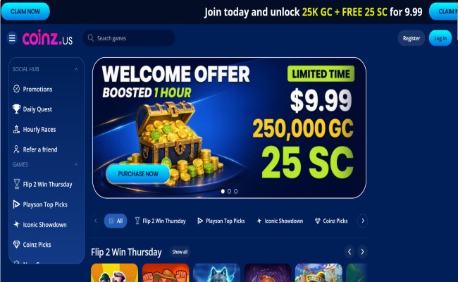 Coinz.us casino lobby welcome offer and promotions
