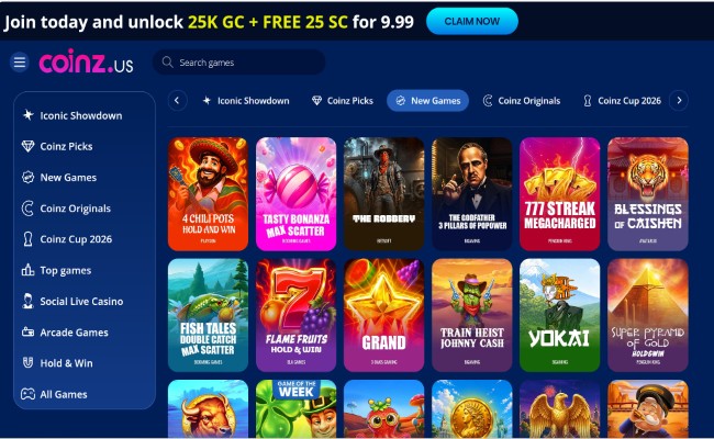 Coinz.us games lobby with slot categories