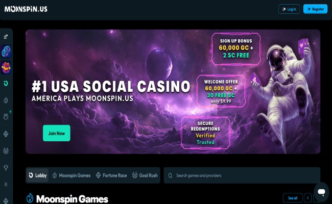 MoonSpin casino lobby welcome bonus screen