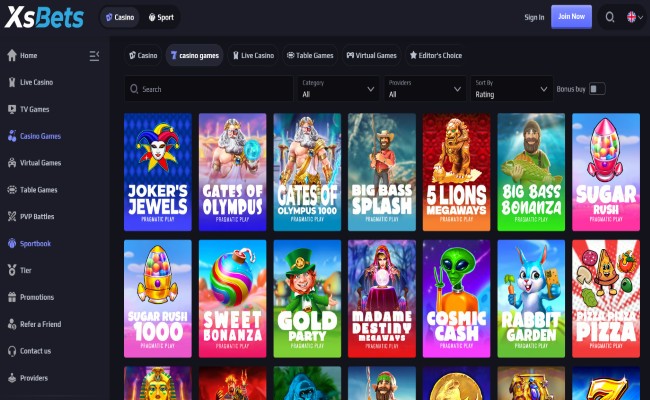 XsBets games lobby screenshot