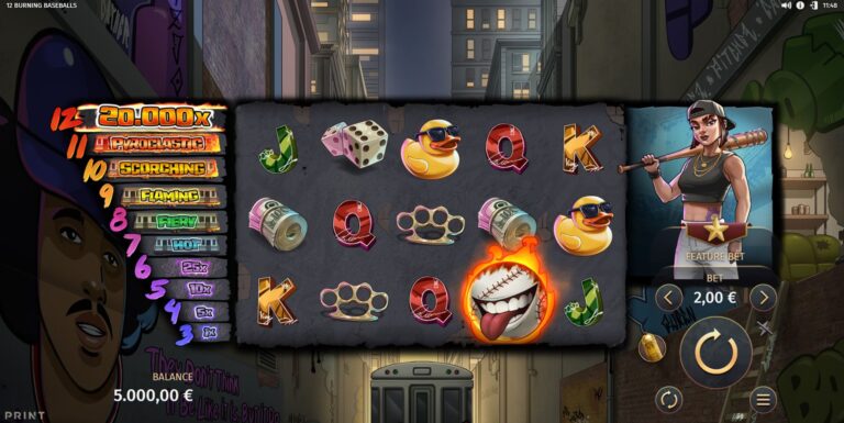 12 Burning Baseballs online slot gameplay screenshot showing the reels and prize meter