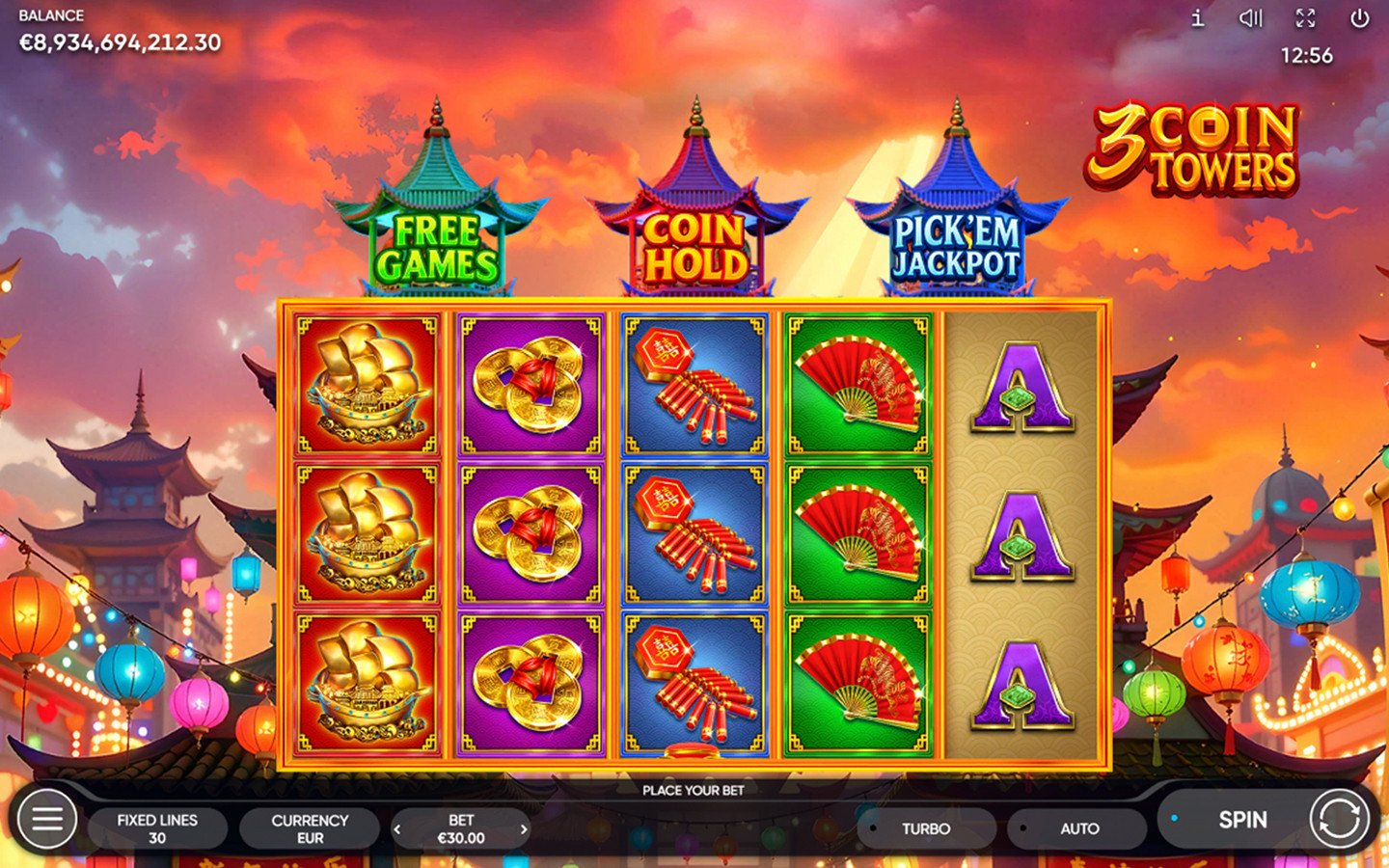 3 Coin Towers online slot gameplay screenshot showing the reels, Coin Hold tower and Pick'em Jackpot tower