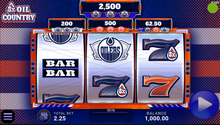 8x Oil Country AGS slot wide gameplay screenshot showing Edmonton Oilers symbols and reels