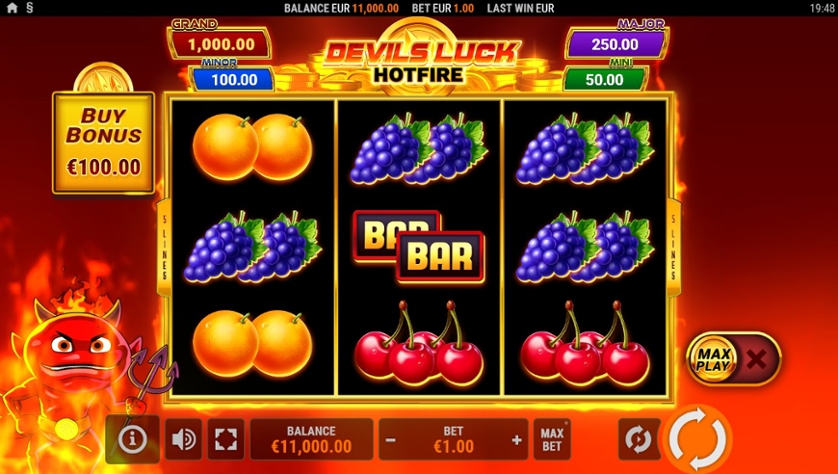 Devil's Luck Hotfire online slot gameplay screenshot showing the 3 reel game screen and jackpots
