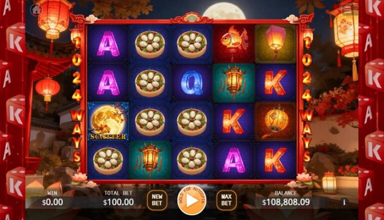 Full Moon Lanterns online slot gameplay screenshot showing the 5x4 reels and 1,024 ways panel
