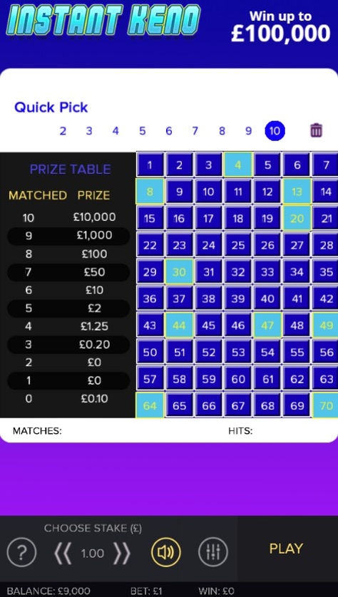 Instant Keno online game screenshot showing the keno number grid and prize table