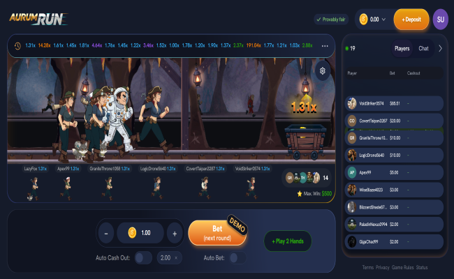 AurumRun casino lobby with crash game and live players