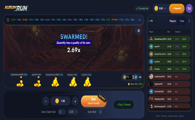 AurumRun games lobby with multiplier result and live player list