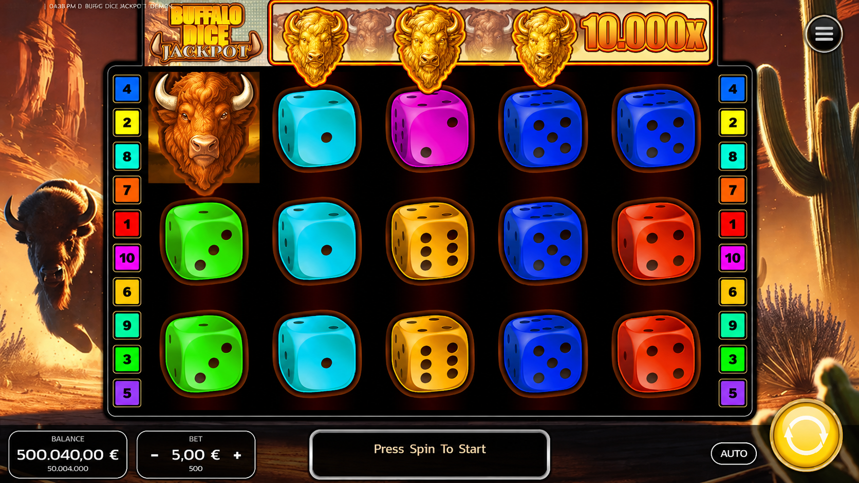 Buffalo Dice Jackpot slot gameplay screenshot showing buffalo and dice reels