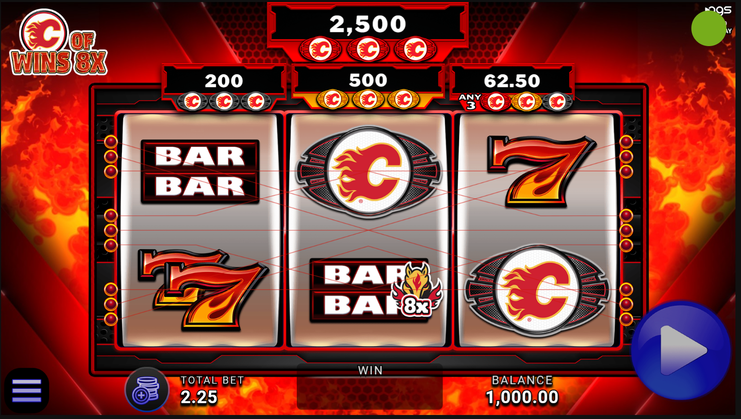 C of Wins 8x AGS slot wide gameplay screenshot showing Calgary Flames symbols and reels