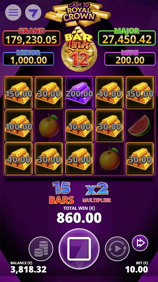 Cash 10 Royal Crown Bar Link slot gameplay screenshot