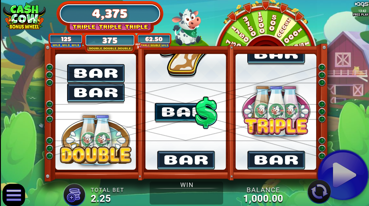 Cash Cow Bonus Wheel AGS slot wide gameplay screenshot showing reels, bonus wheel, and cow symbols