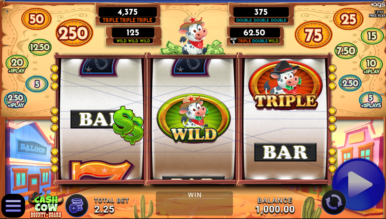 Cash Cow Bounty Board AGS slot wide gameplay screenshot showing western reels, cow wilds, and bounty board prizes