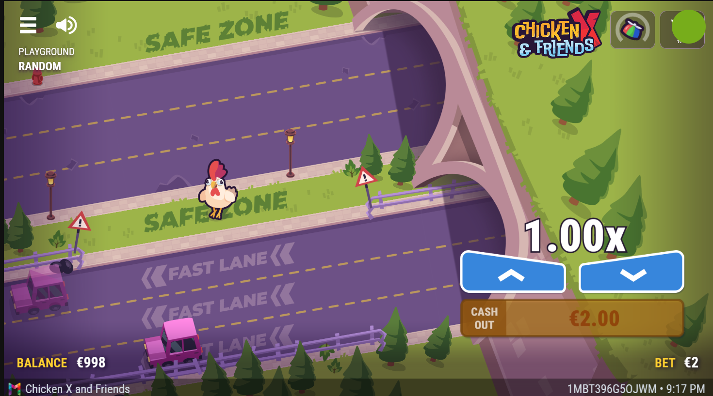Chicken X & Friends online slot gameplay screenshot showing the road crossing bonus game screen
