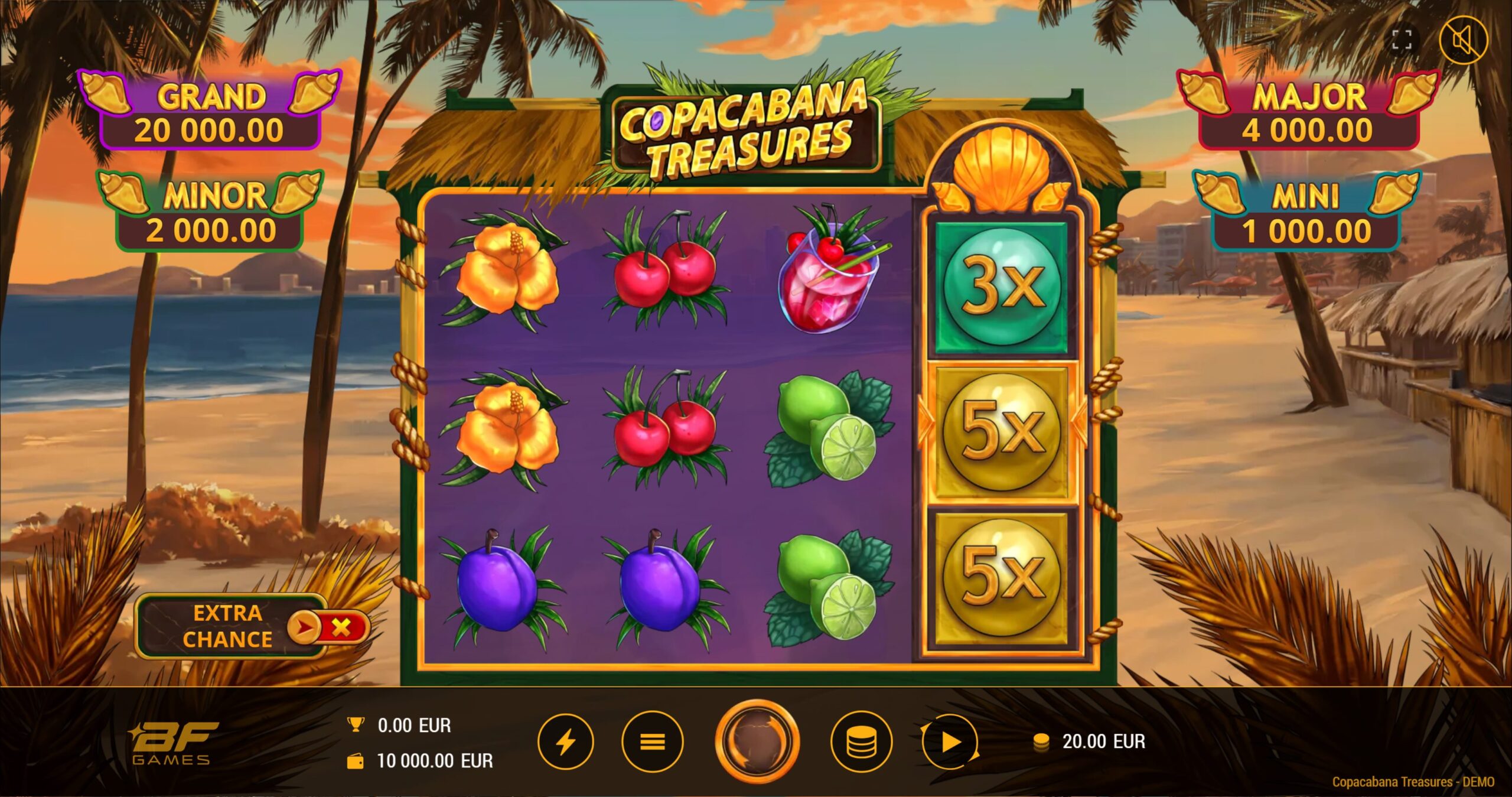Copacabana Treasures online slot gameplay screenshot showing the reels and Treasure Reel multipliers