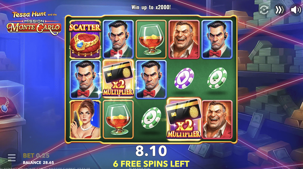 Tessa Hunt and the Mission Monte Carlo slot gameplay screenshot