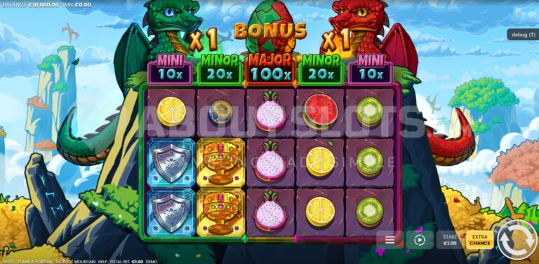 Flame and Fortune Jackpot Mountain online slot gameplay screenshot