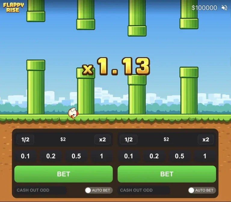 Flappy Rise casino game screenshot showing the multiplier, bird, pipes and betting panels