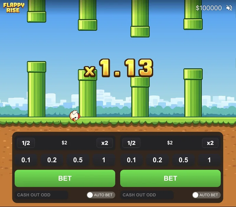 Flappy Rise casino game screenshot showing the multiplier, bird, pipes and betting panels