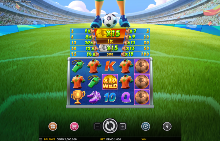 Golden Football AdvantPlay slot gameplay screenshot showing football symbols, wild multipliers, and reels