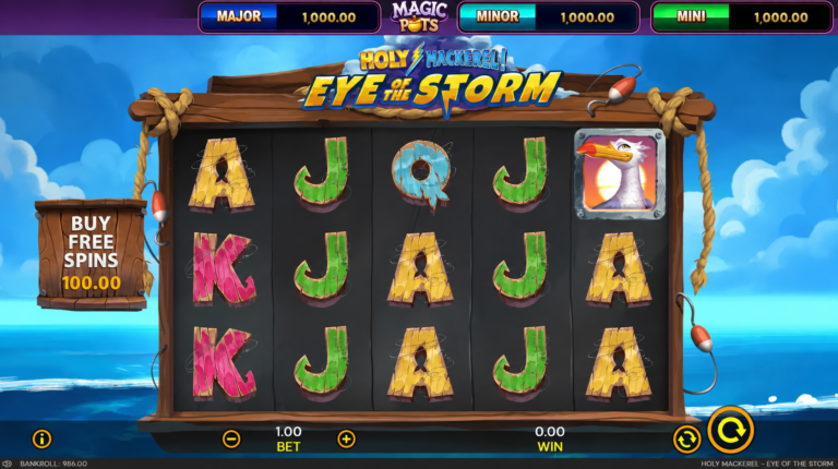 Holy Mackerel Eye of the Storm slot gameplay screenshot showing fishing reels and Buy Free Spins