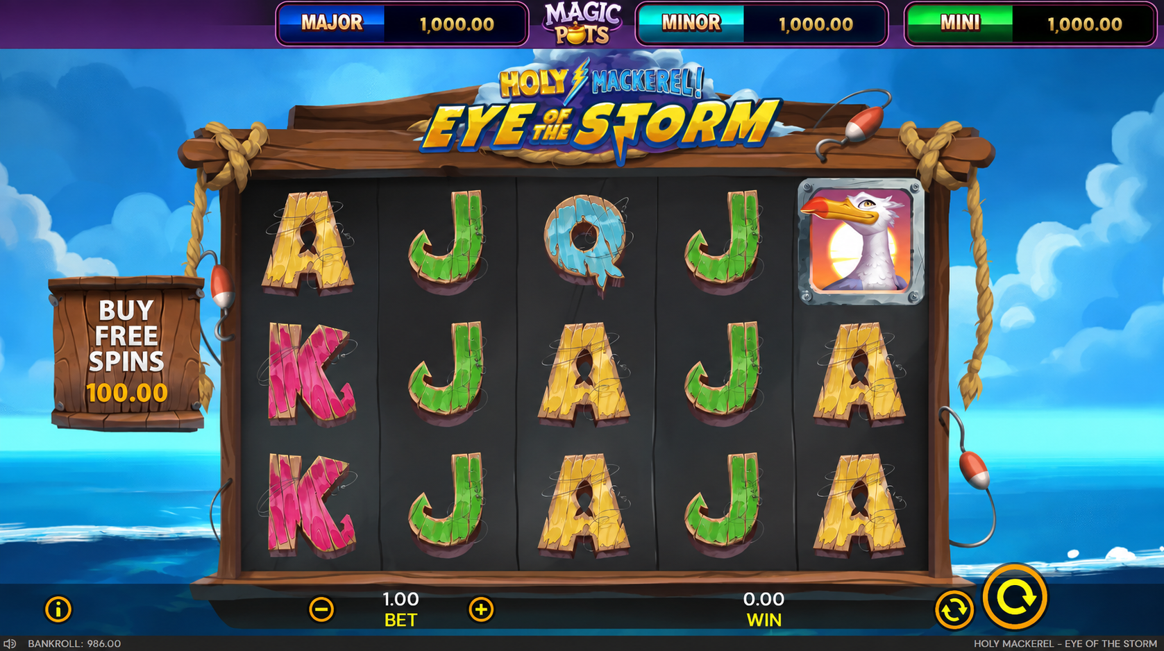 Holy Mackerel Eye of the Storm slot gameplay screenshot showing fishing reels and Buy Free Spins