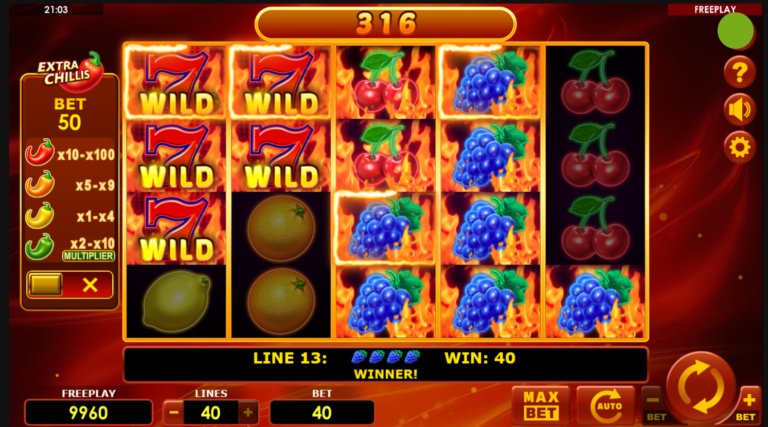 Hot Fruits 100 Extra Chillis online slot gameplay screenshot showing fiery fruit reels and Extra Chillis multipliers