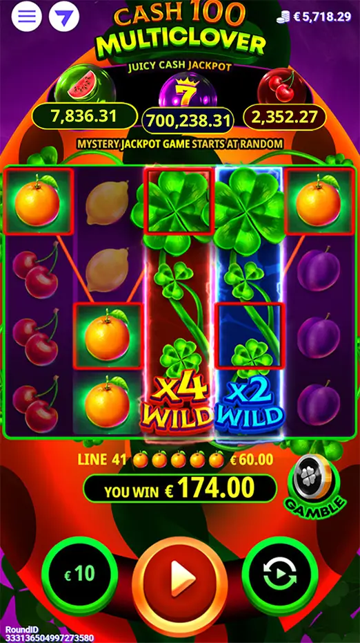 Cash 100 Multiclover online slot gameplay screenshot showing Multiclover wild multipliers on the reels