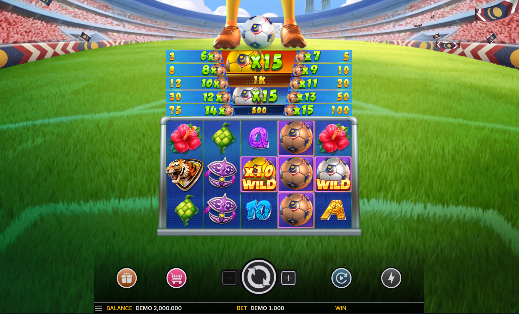 Merdeka Football AdvantPlay slot gameplay screenshot showing football symbols, wild multipliers, and reels