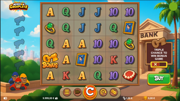 Mission Coinplete online slot gameplay screenshot showing the reels and bonus key feature