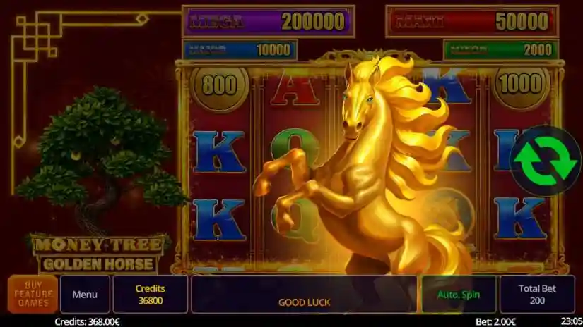 Money Tree Golden Horse online slot gameplay screenshot showing the reels and Golden Horse feature
