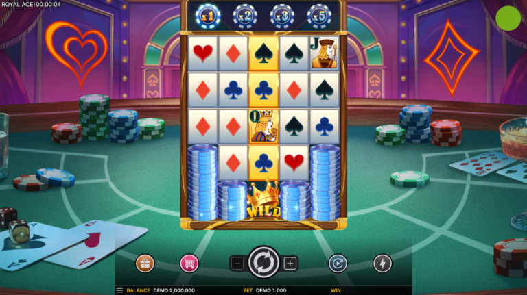 Royal Ace AdvantPlay slot wide gameplay screenshot showing card symbols, chips, and reels
