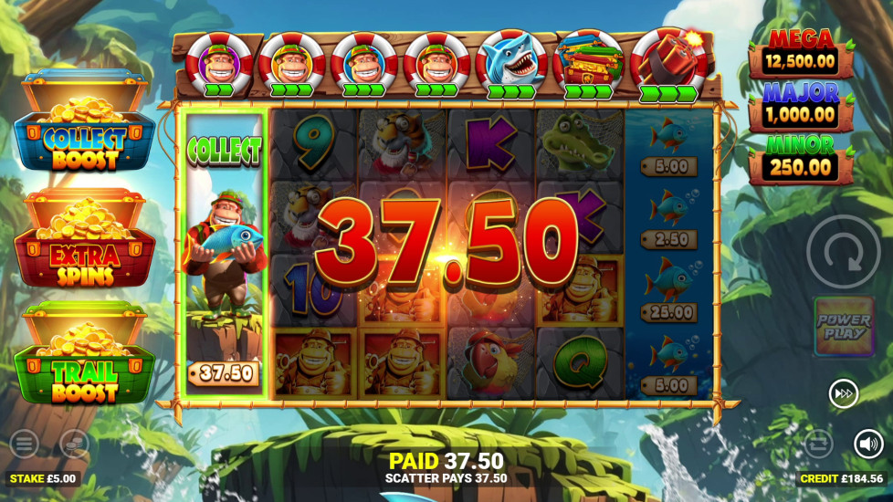 King Kong Splash Power Play six-reel gameplay with an expanded collector and three feature chests