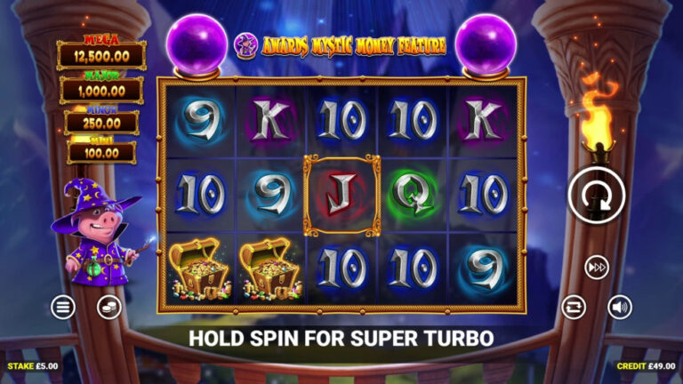 Pig Wizard Cash Lock five-reel board with purple crystal balls and wizard