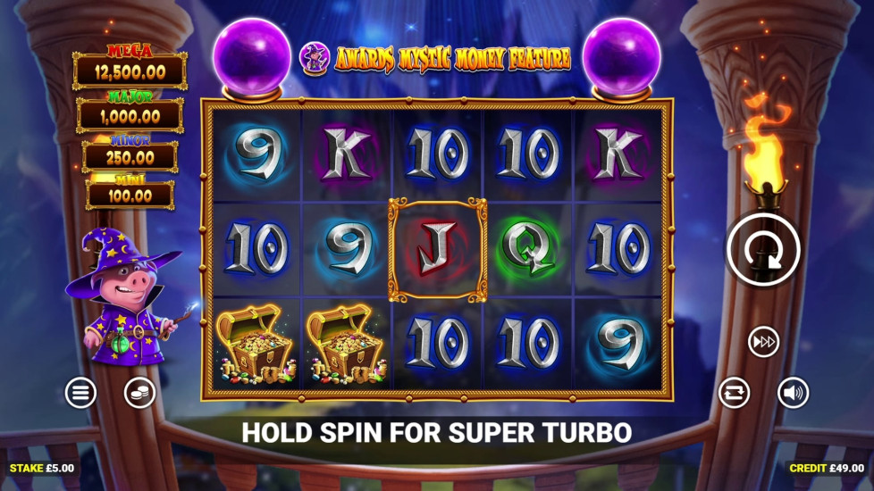 Pig Wizard Cash Lock five-reel board with purple crystal balls and wizard