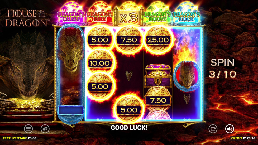 House of the Dragon bonus gameplay with five dragon egg enhancements and collected cash prizes