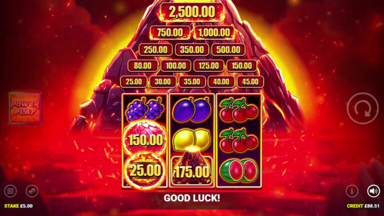 Red Hot Eruption cash-collection bonus with glowing prize amounts, three reels, and a volcano prize display