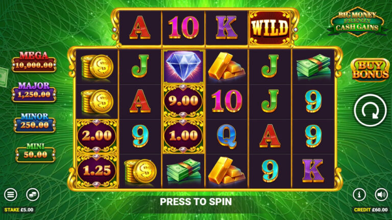 Big Money Frenzy Cash Gains six reels with four-symbol upper reel, wild, cash prizes and full landscape controls