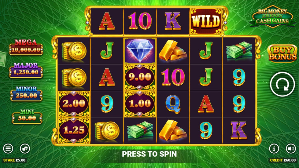 Big Money Frenzy Cash Gains six reels with four-symbol upper reel, wild, cash prizes and full landscape controls