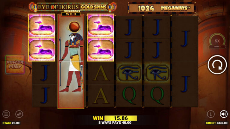 Eye of Horus Gold Spins Megaways six reels with a full-height Horus wild and uncropped landscape controls