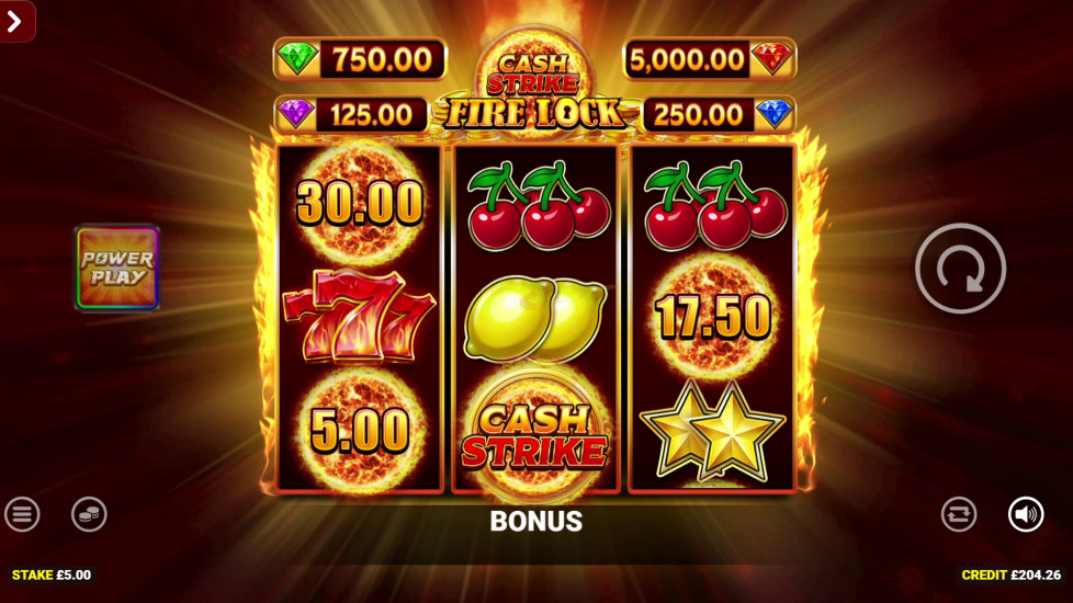 Cash Strike Fire Lock three-reel fruit board with fiery cash values, collect symbol and full landscape controls