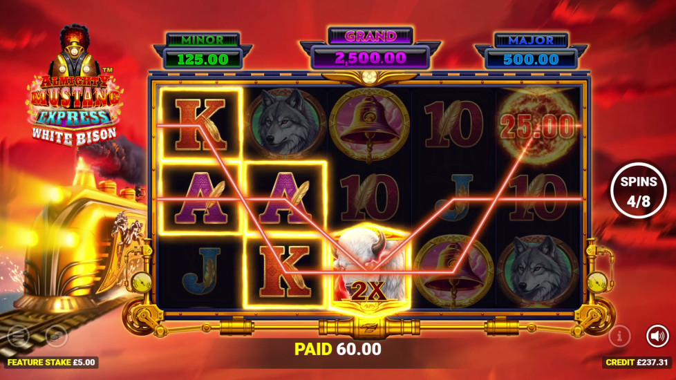 Almighty Mustang Express White Bison bonus spins with a 2x wild, five reels and the full landscape controls