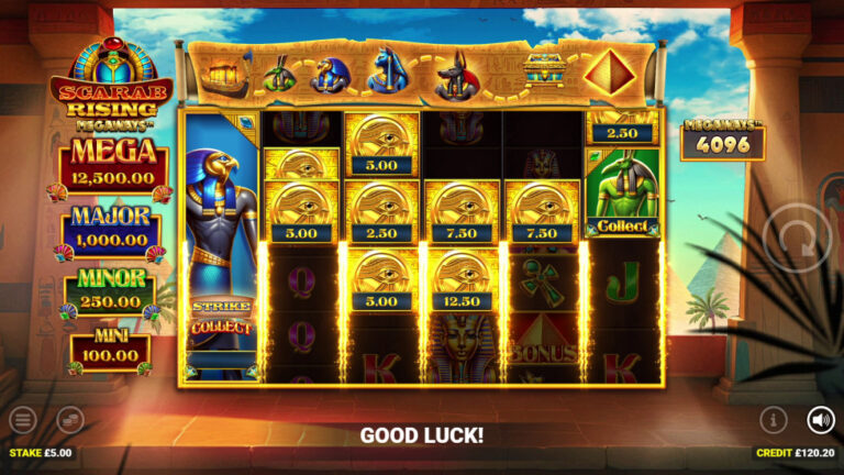 Scarab Rising Megaways Egyptian reels with gold cash symbols and Streak Collect