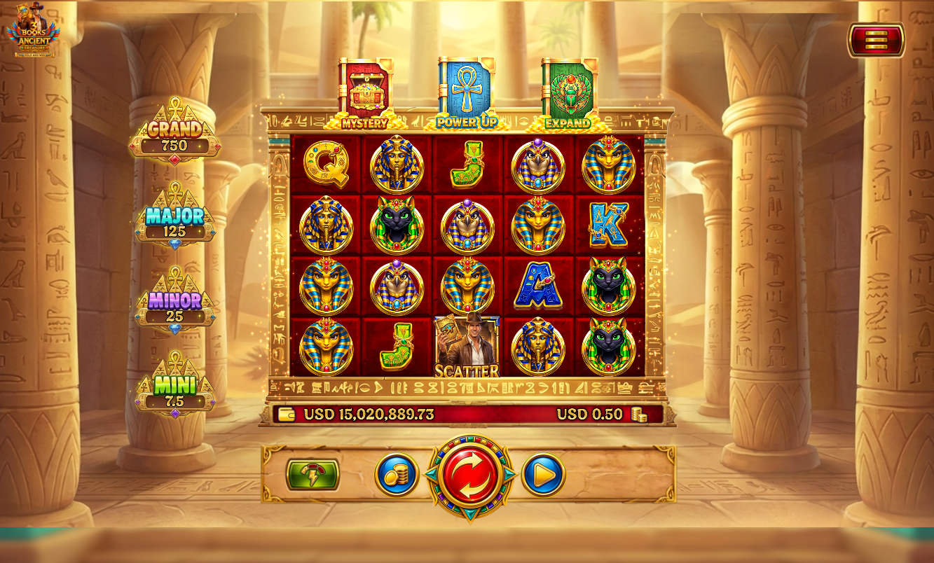 3 Books of Ancient Treasure slot gameplay screenshot showing the Egyptian reels