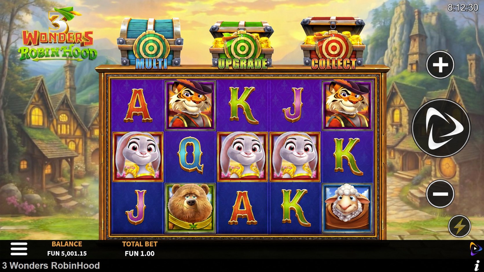3 Wonders Robin Hood animal characters and Multi Upgrade Collect chests on five reel board