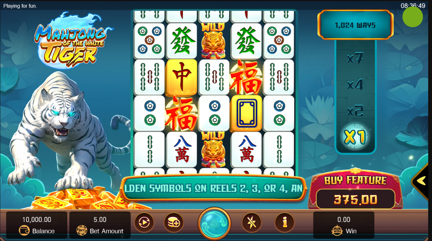 Mahjong of the White Tiger slot gameplay screenshot